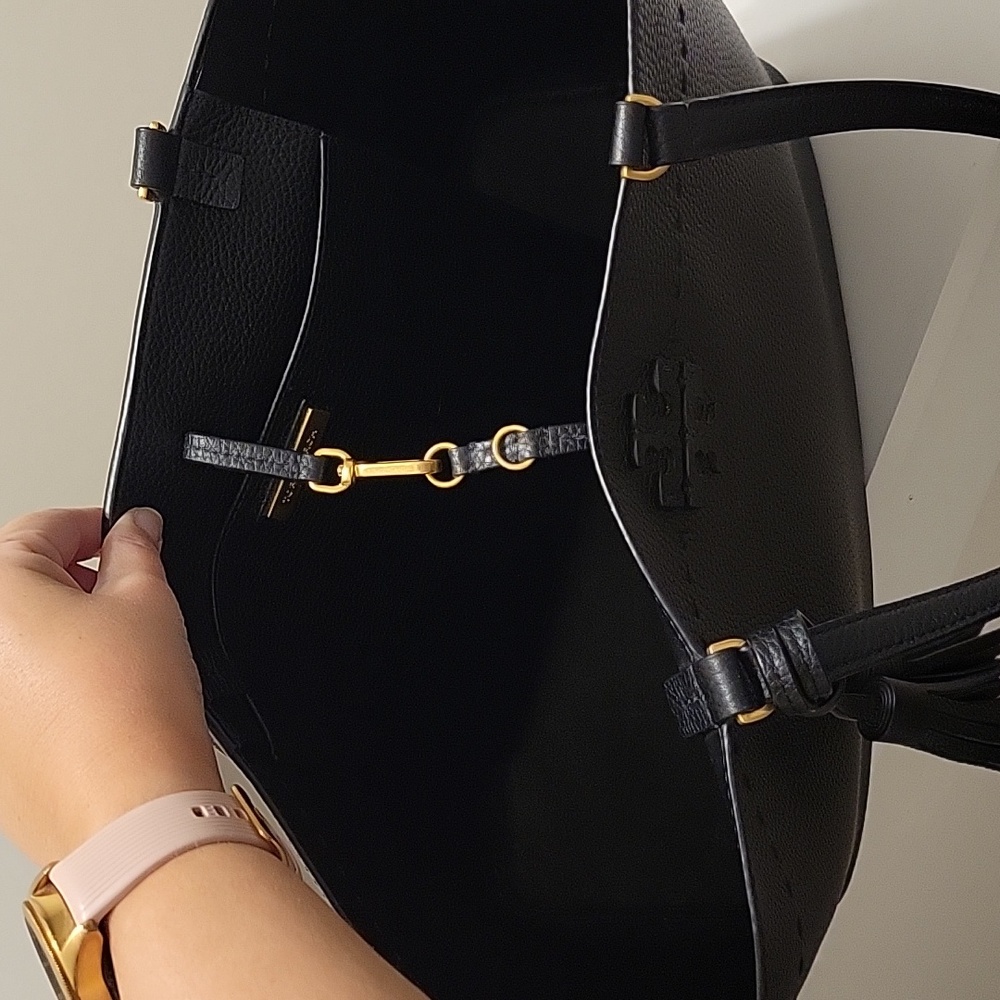 Tory Burch Black Pebbled Leather Tassel Tote - Picture 6 of 9